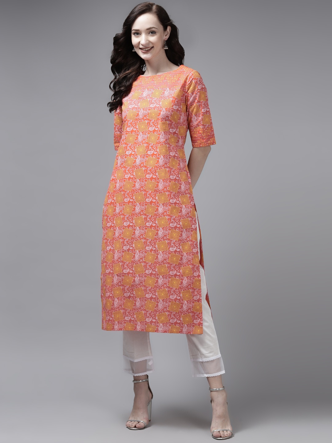 

Indo Era Women Peach-Coloured & Yellow Floral Printed Kurta