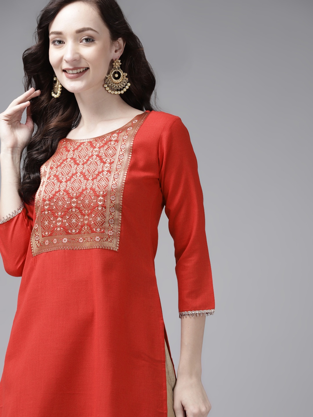 

Indo Era Women Red Solid Straight Kurta