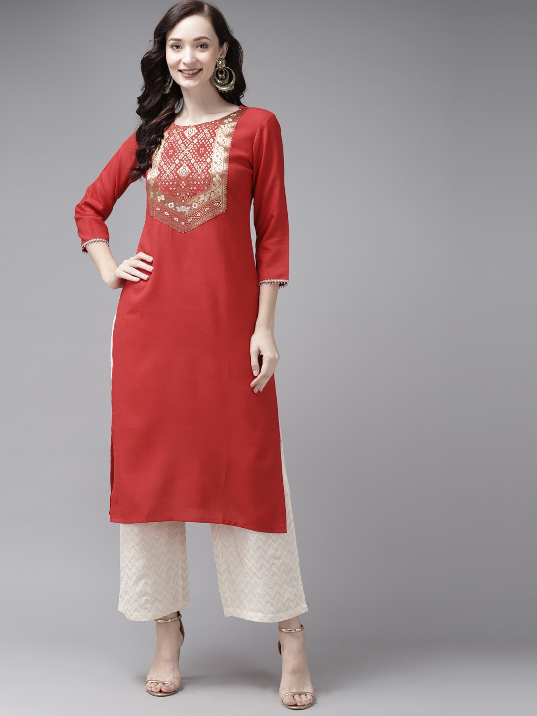 

Indo Era Women Red Yoke Design Straight Kurta