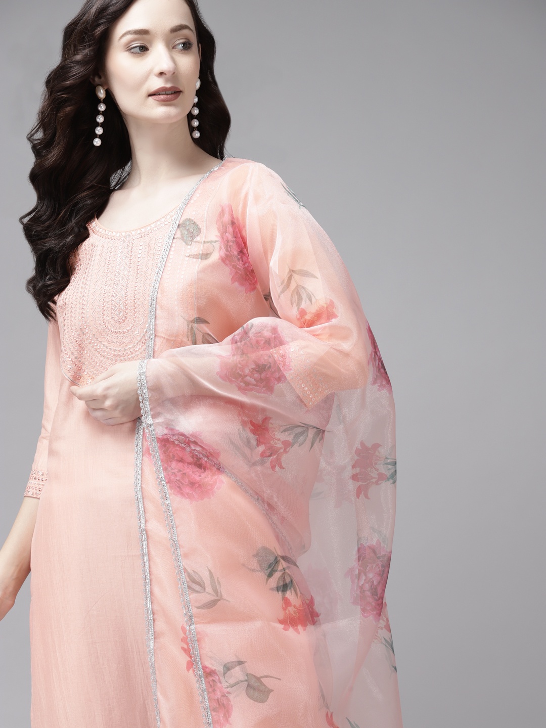 

Indo Era Women Peach-Coloured Ethnic Motifs Yoke Design Kurta with Trousers & With Dupatta