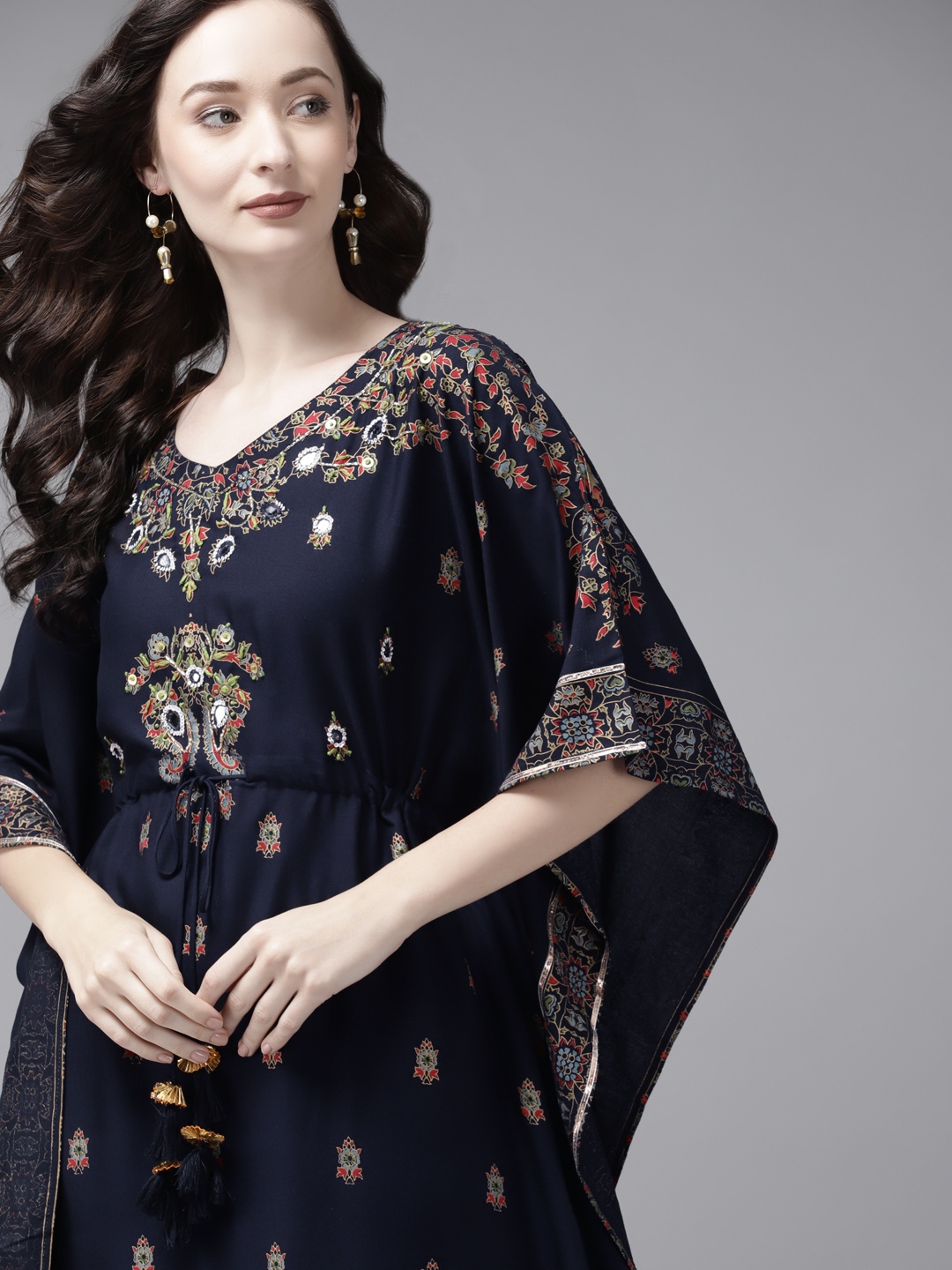 

Indo Era Women Navy Blue Ethnic Motifs Printed Regular Mirror Work Kurta with Trousers