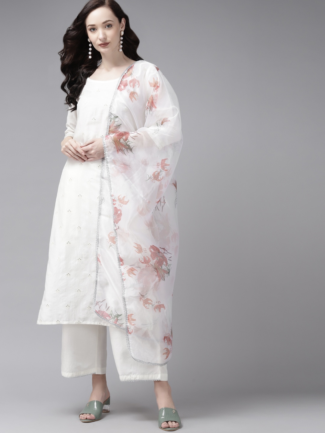 

Indo Era Women White Ethnic Motifs Embroidered Regular Kurta with Palazzos & With Dupatta