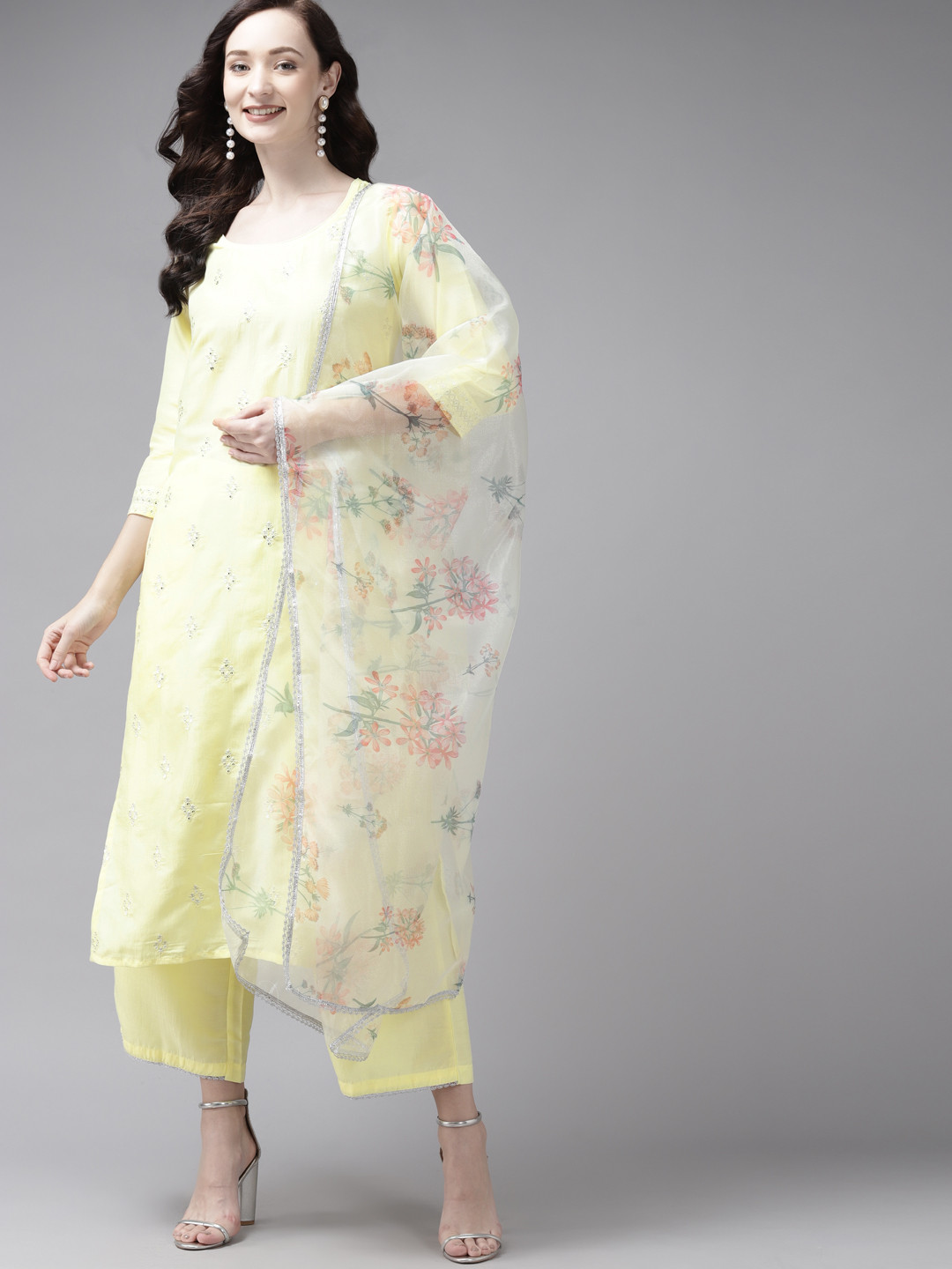 

Indo Era Women Yellow Ethnic Motifs Embroidered Regular Kurta with Palazzos & With Dupatta