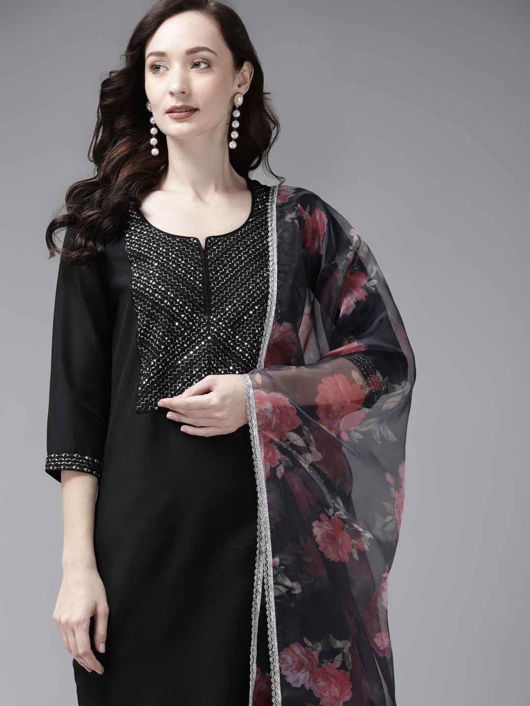 

Indo Era Women Black Ethnic Motifs Yoke Design Regular Thread Work Kurta with Trousers & With Dupatta