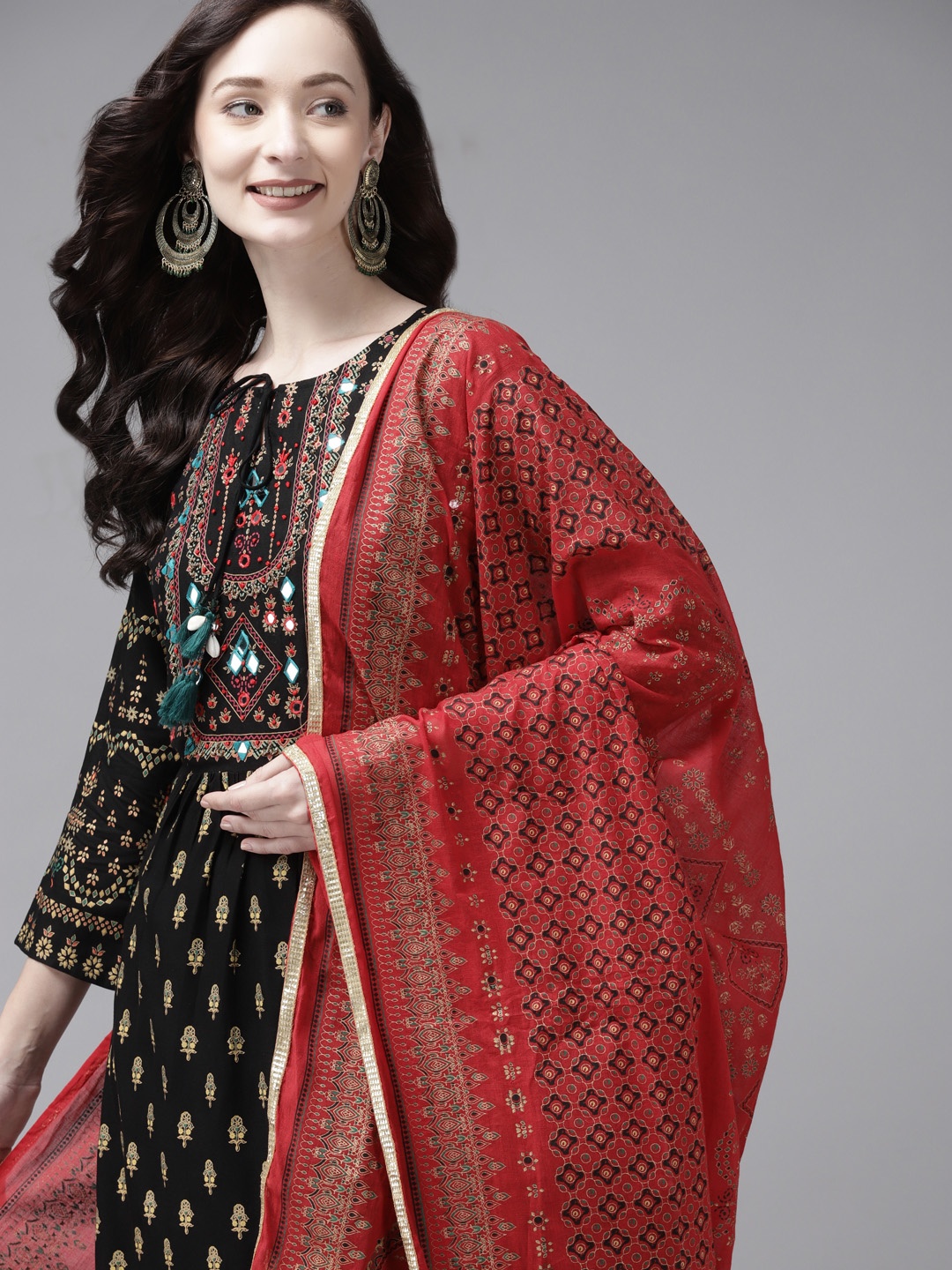 

Indo Era Women Black Ethnic Motifs Printed Panelled Mirror Work Kurta with Trousers & With Dupatta