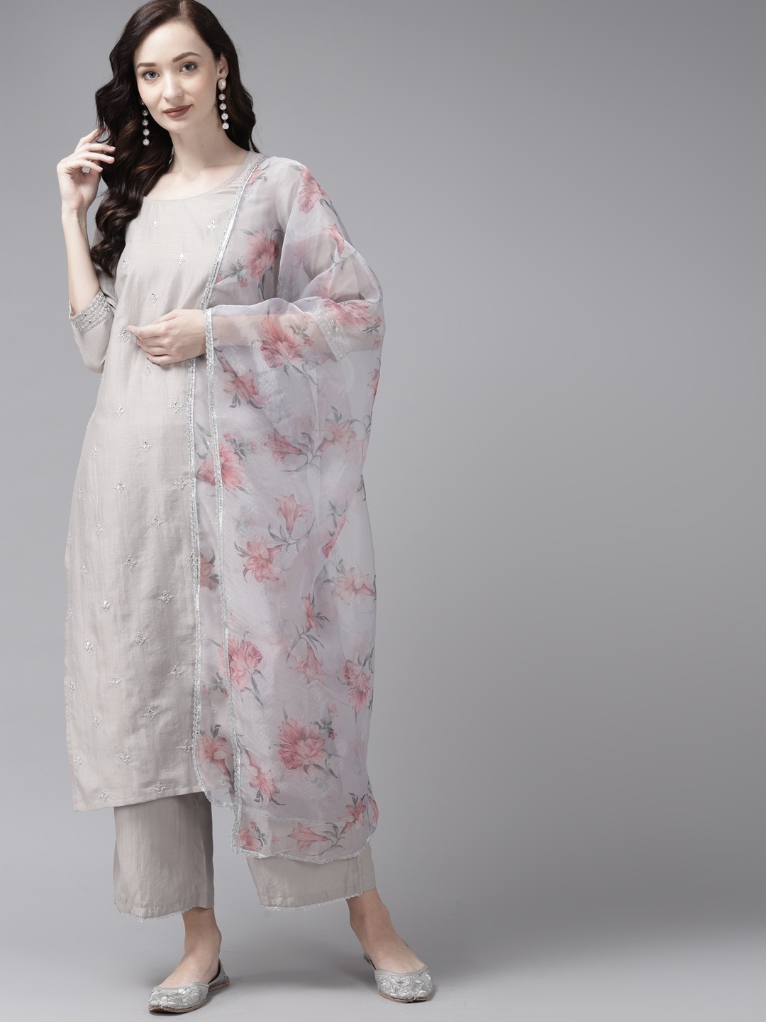 

Indo Era Women Grey Floral Embroidered Regular Sequinned Kurta with Palazzos & With Dupatta