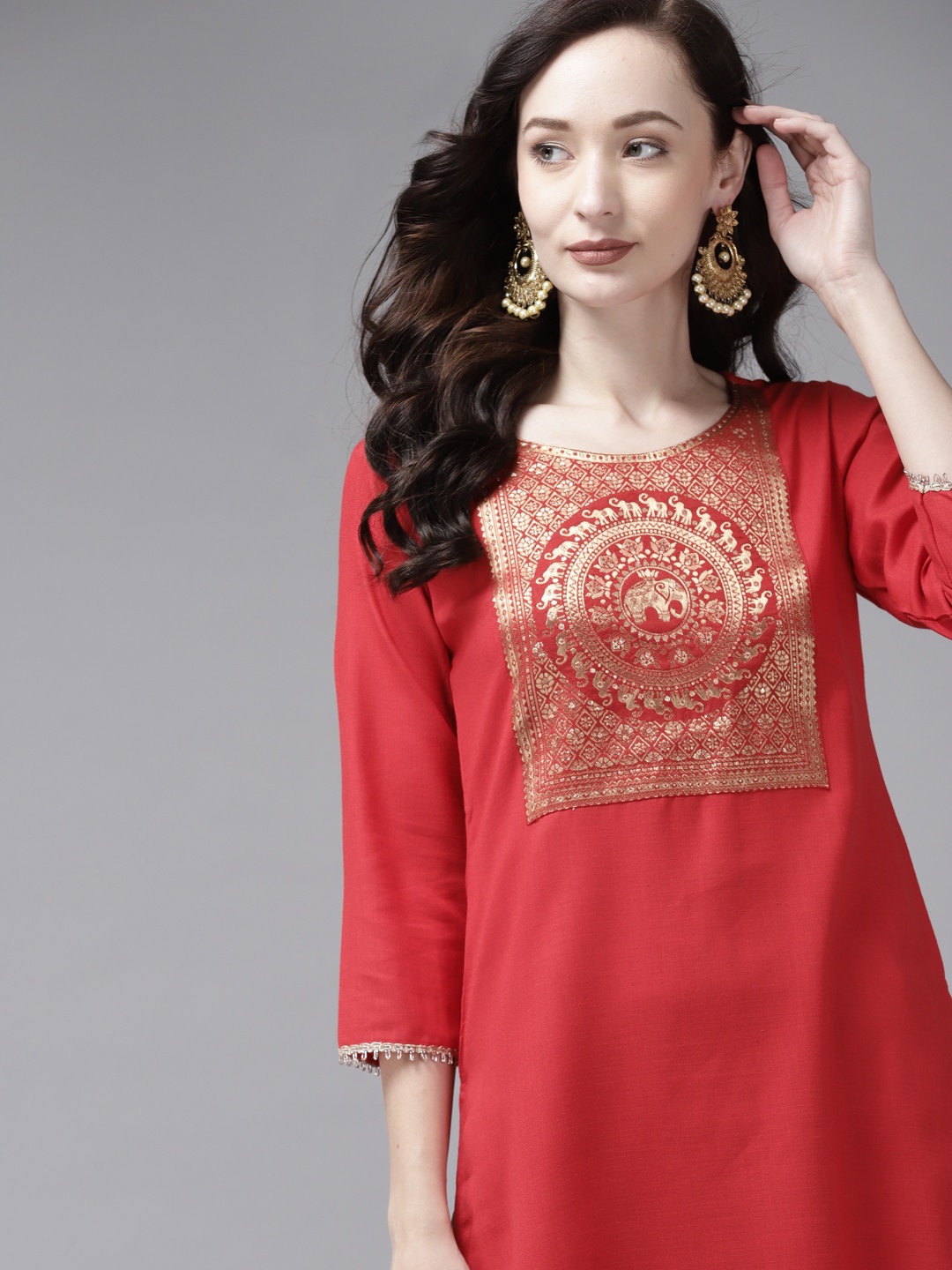 

Indo Era Women Red Yoke Design Straight Kurta