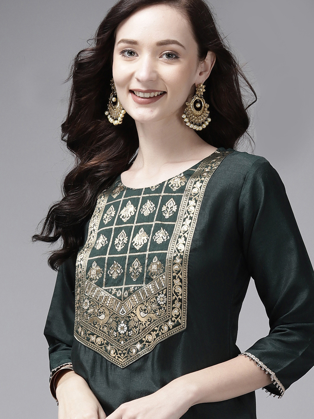 

Indo Era Women Green Yoke Design Straight Kurta