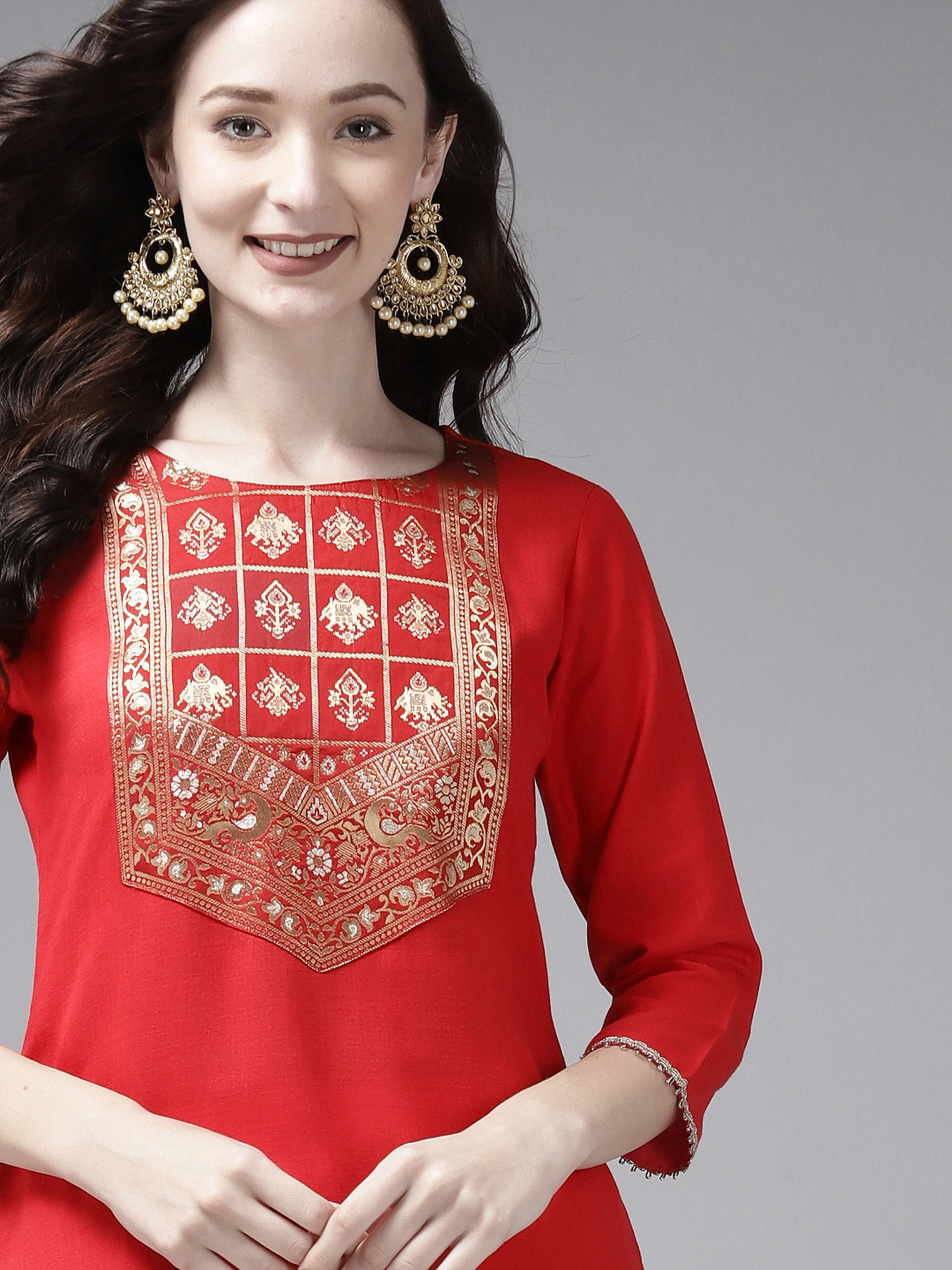 

Indo Era Women Red Yoke Design Straight Kurta