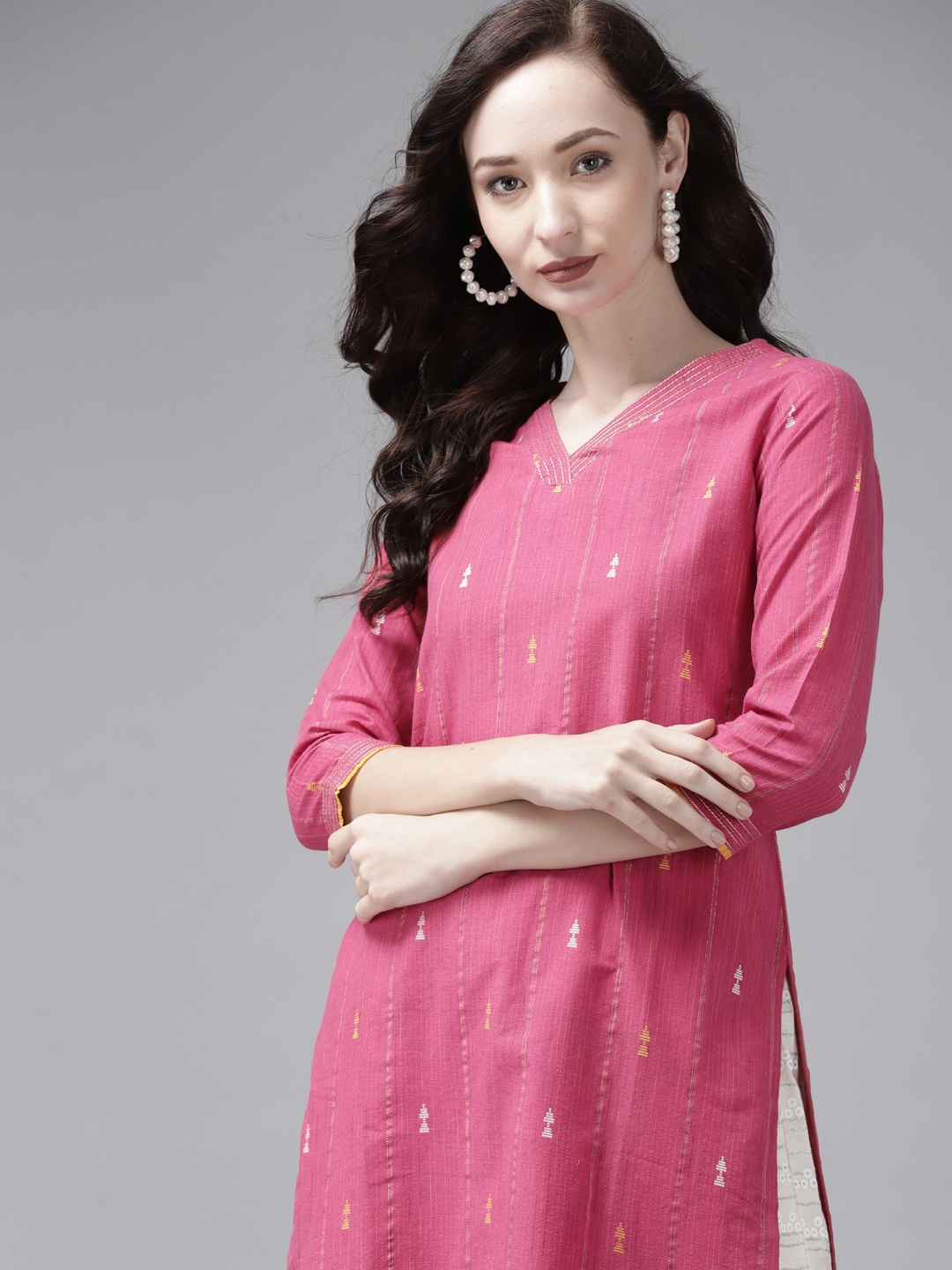 

Indo Era Women Pink Striped Woven Straight Kurta