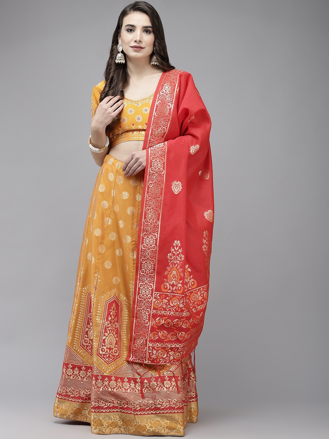 

Indo Era Mustard Yellow & Red Semi-Stitched Lehenga & Unstitched Blouse With Dupatta