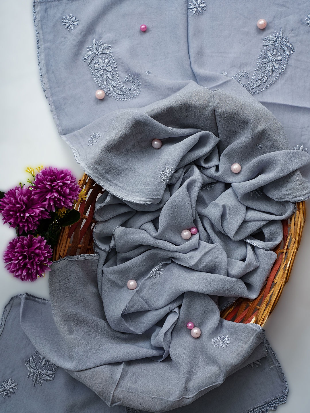 

ADA Grey & Grey Ethnic Motifs Embroidered Handloom Dupatta with Thread Work