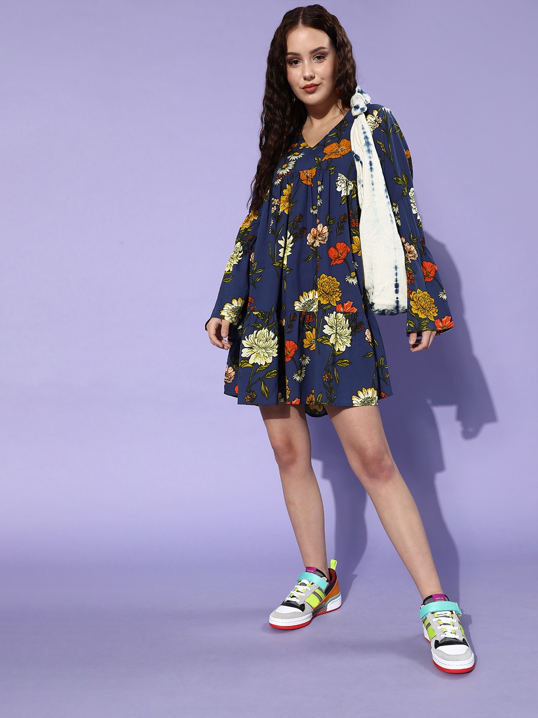 

KASSUALLY Women Stunning Blue Floral Power Shoulder Dress