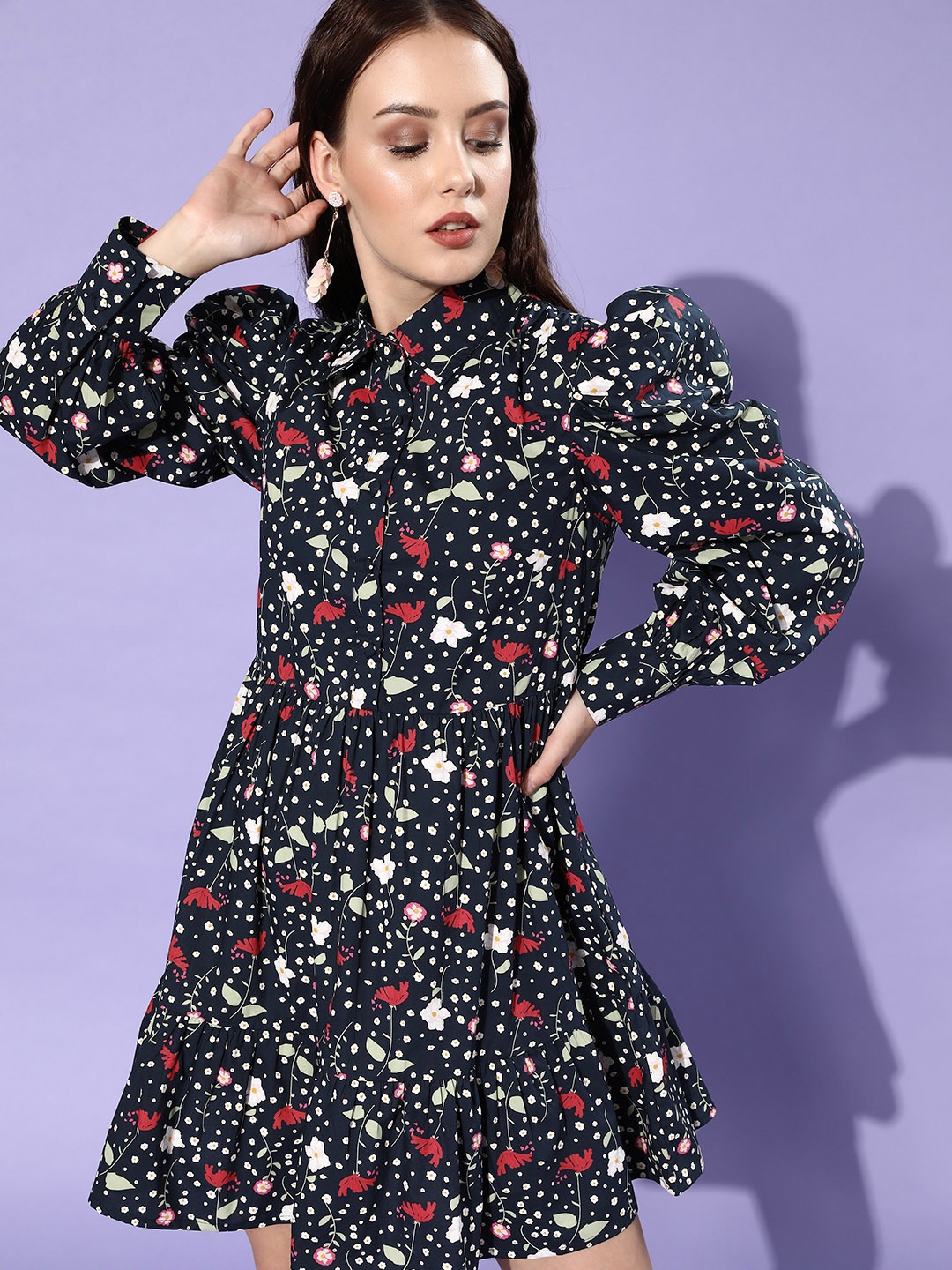 

KASSUALLY Women Deep Navy Blue Floral Power Shoulder Dress