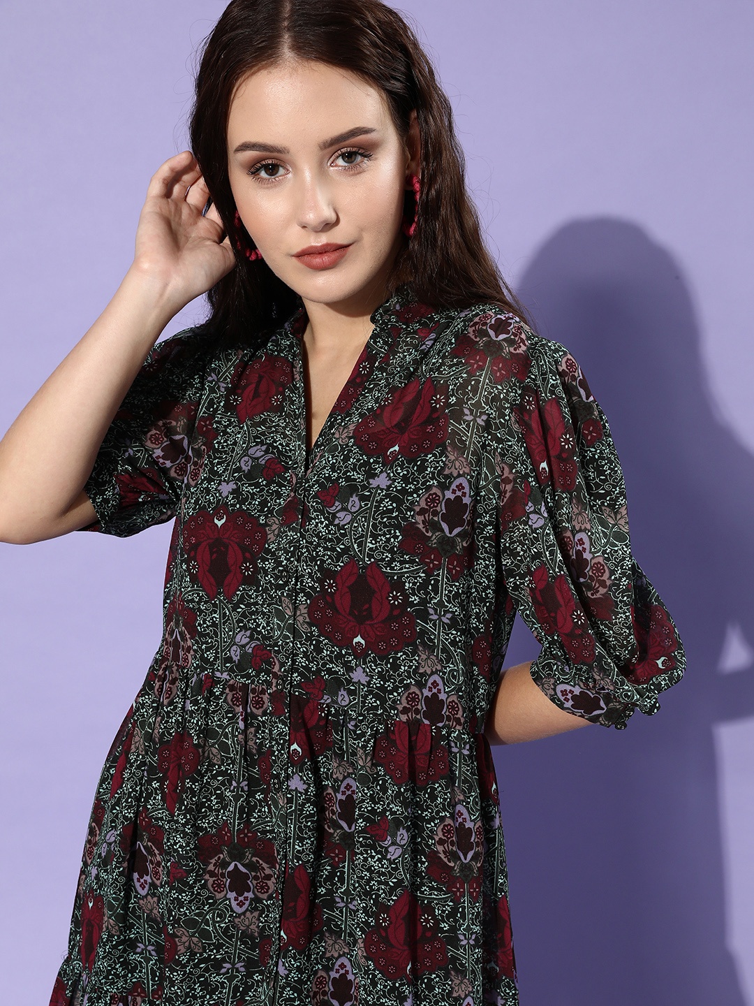 

KASSUALLY Women Stylish Black Floral Puff Sleeves Dress