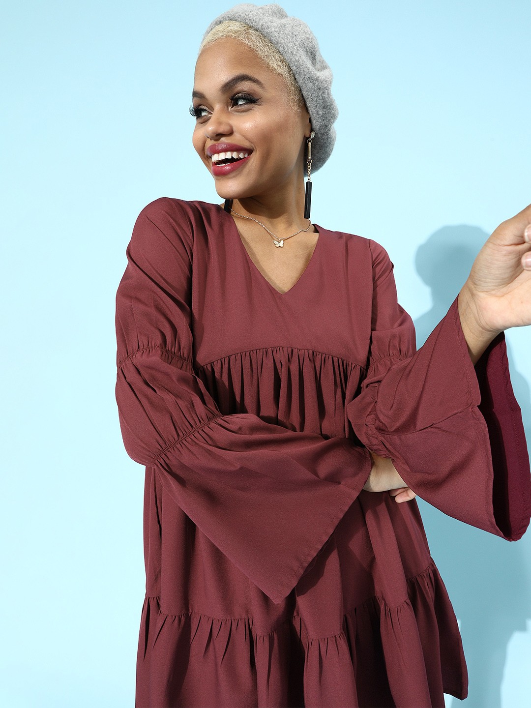 

KASSUALLY Women Attractive Burgundy Solid Trapeze Dress