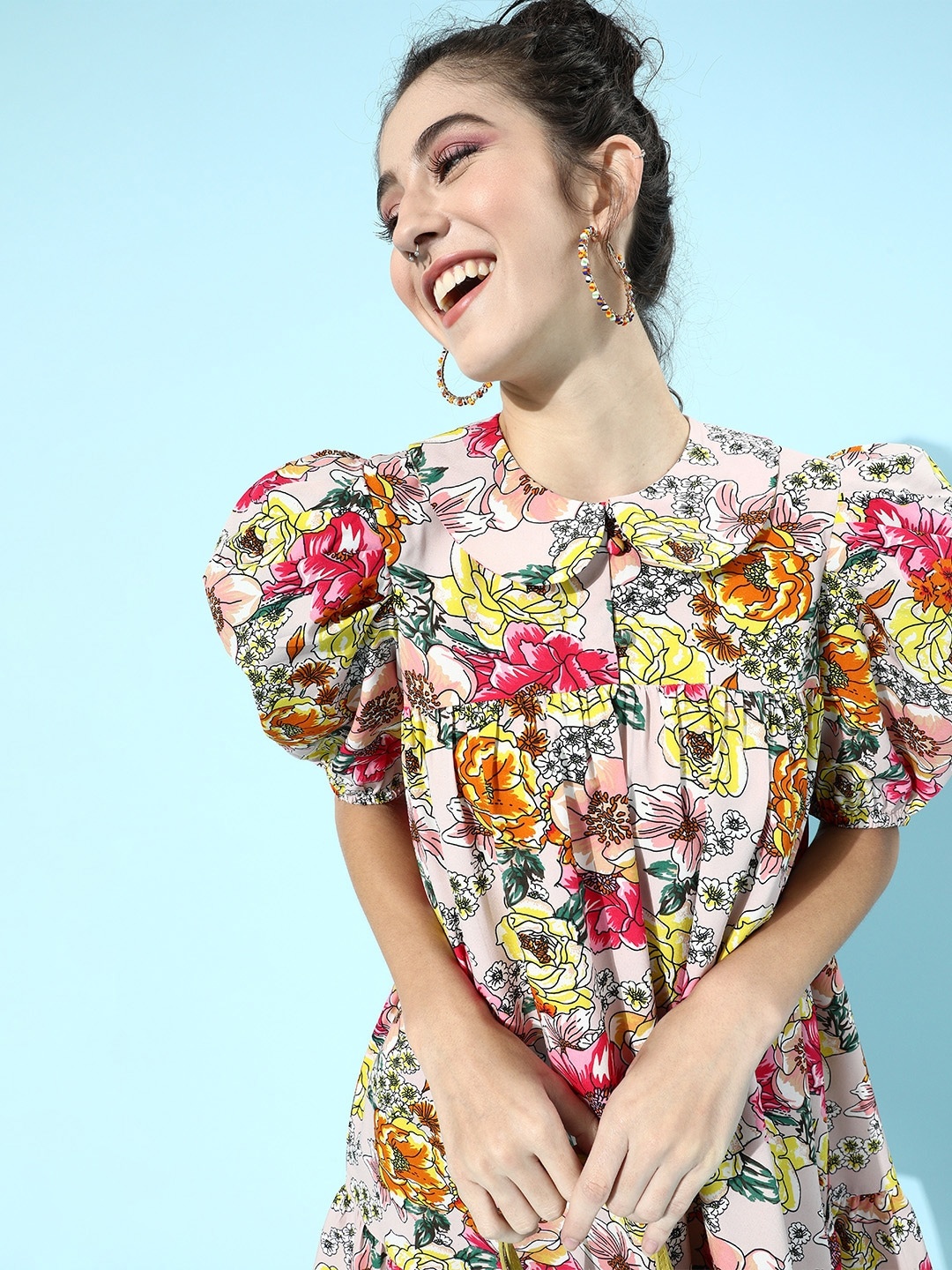 KASSUALLY Women Pretty Pink Floral Puff Sleeves Dress