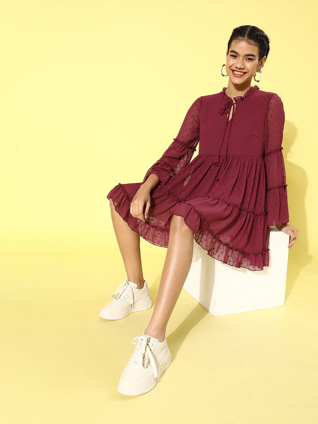 

KASSUALLY Women Attractive Burgundy Solid Trapeze Dress