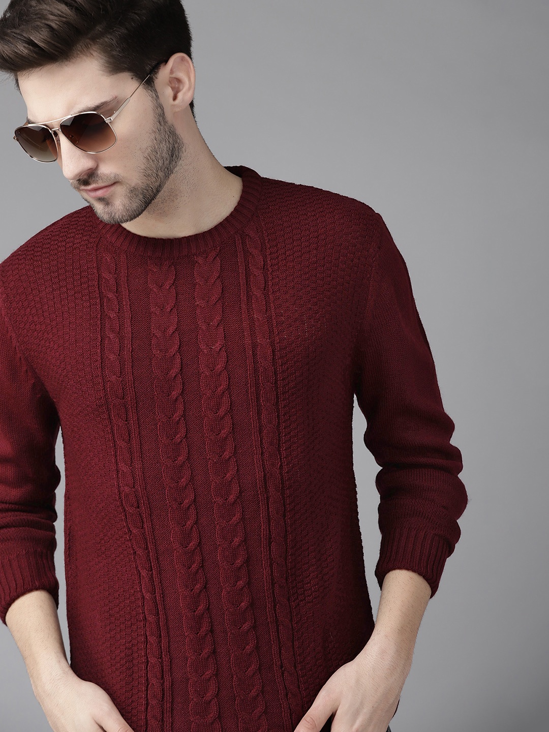 

The Roadster Lifestyle Co Men Maroon Acrylic Cable Knit Cardigan