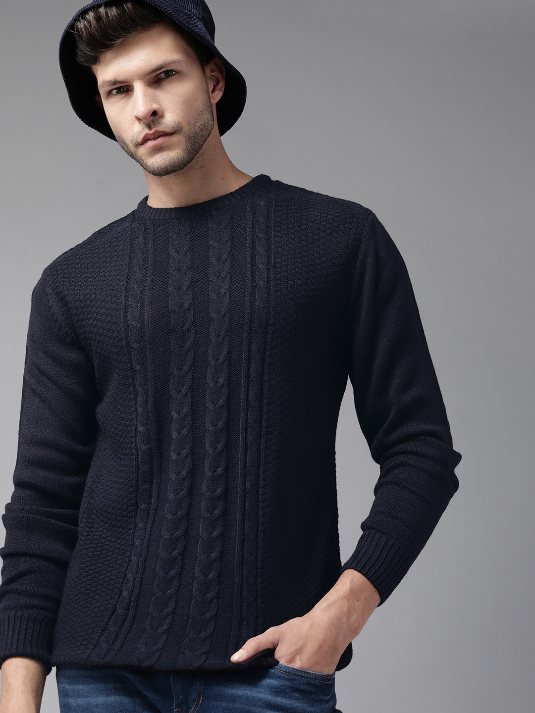 

The Roadster Lifestyle Co Men Navy Blue Self Design Cable Knit Pullover