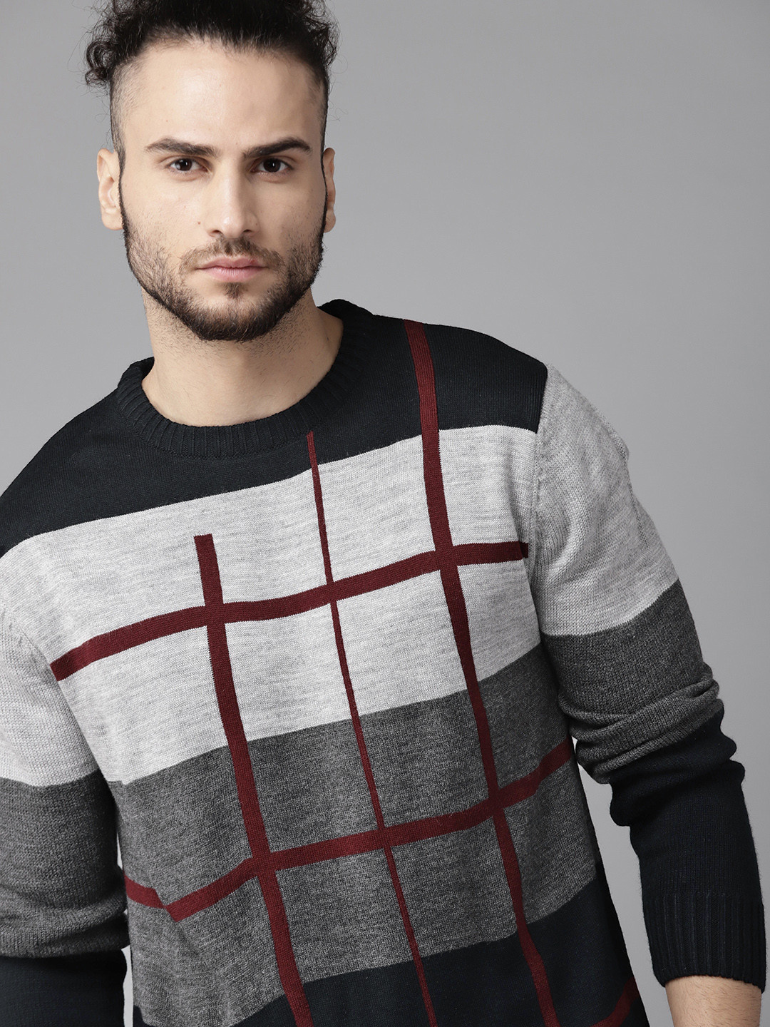 

The Roadster Lifestyle Co Men Navy Blue & Grey Jacquard Colourblocked Pullover