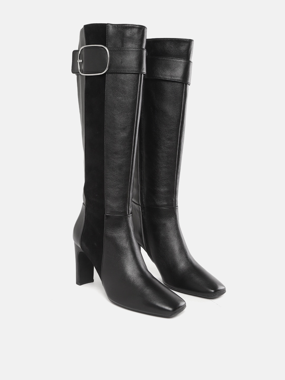 

Geox Women Black Leather High-Top Block Heeled Boots with Buckles