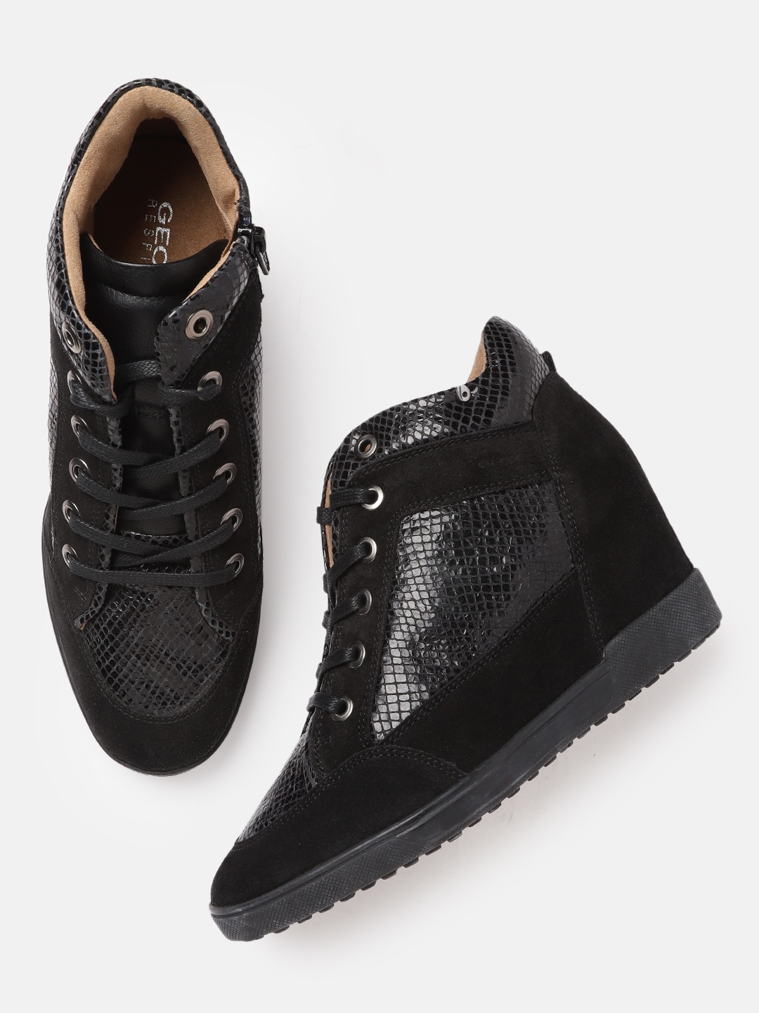 

Geox Women Black Textured Leather High-Top Sneakers
