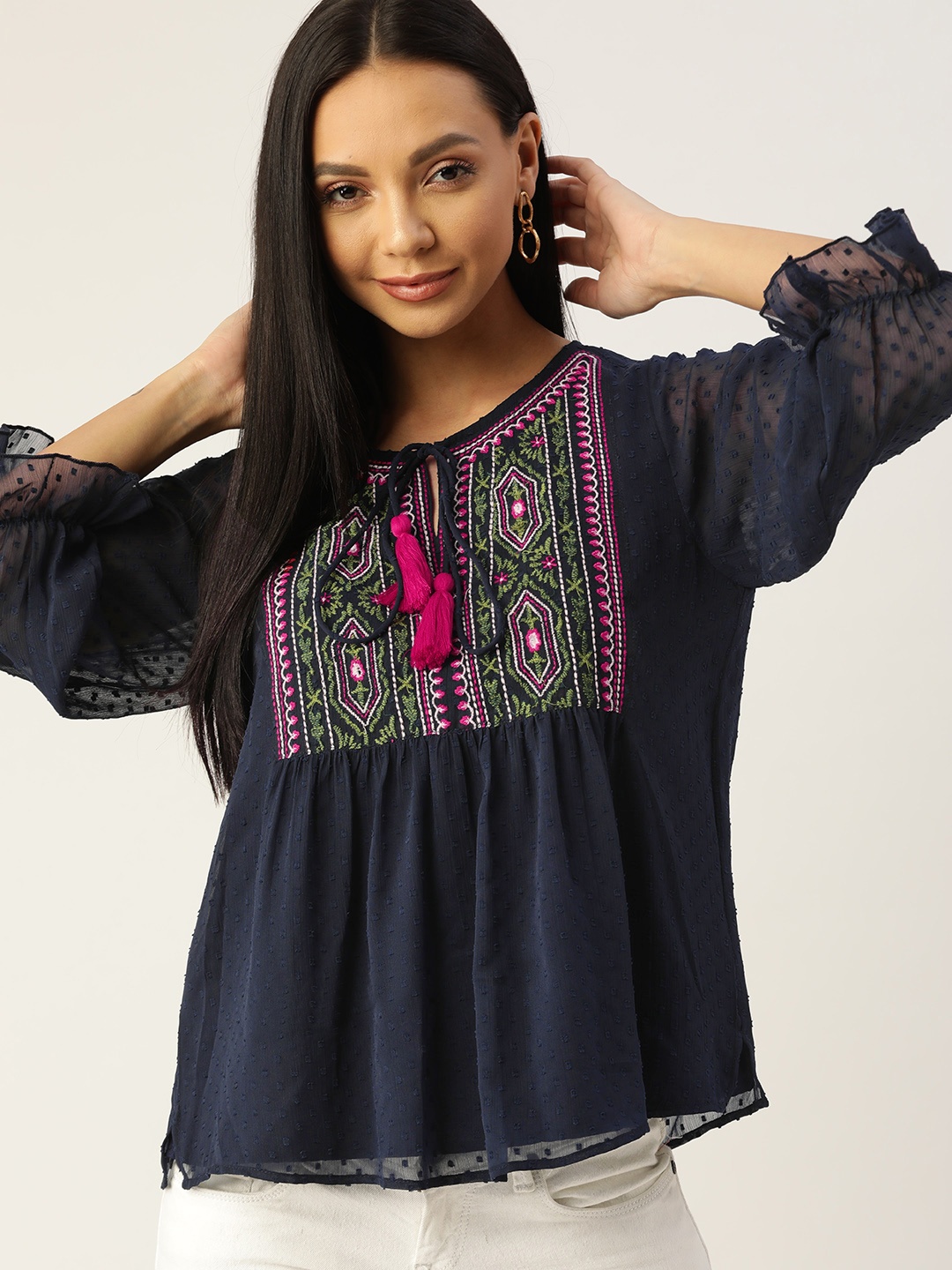 

Antheaa Navy Blue & Green Embroidered Tie-Up Neck Dobby Weave Detail Puff Sleeves Top