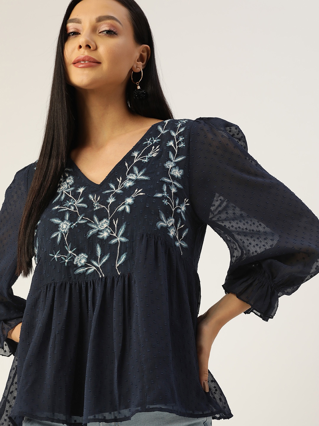 

Antheaa Navy Blue Floral Embroidered Dobby Weave Puff Sleeves A-Line Top