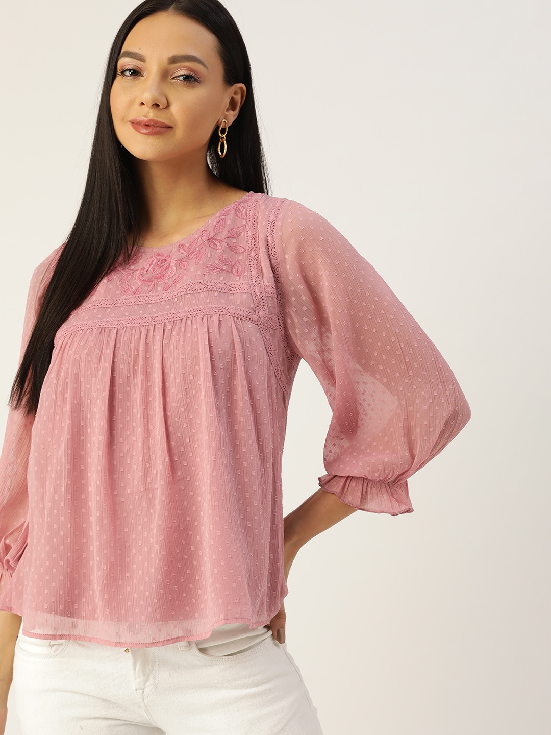 

Antheaa Peach-Coloured Dobby Weave Puff Sleeves Top