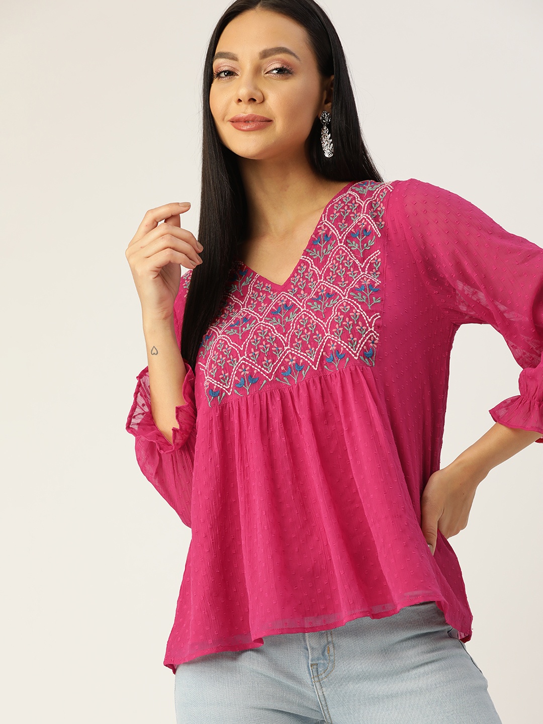 

Antheaa Pink & Blue Embroidered Dobby Weave A-Line Top