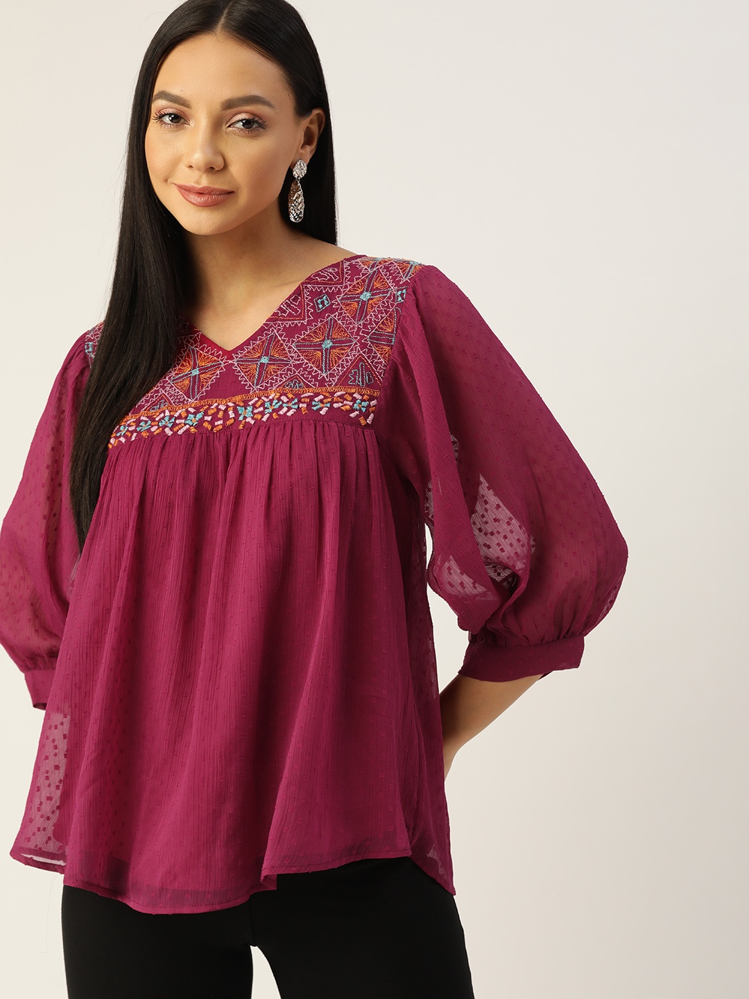 

Antheaa Purple & Yellow Embroidered Dobby Weave Puff Sleeves Top