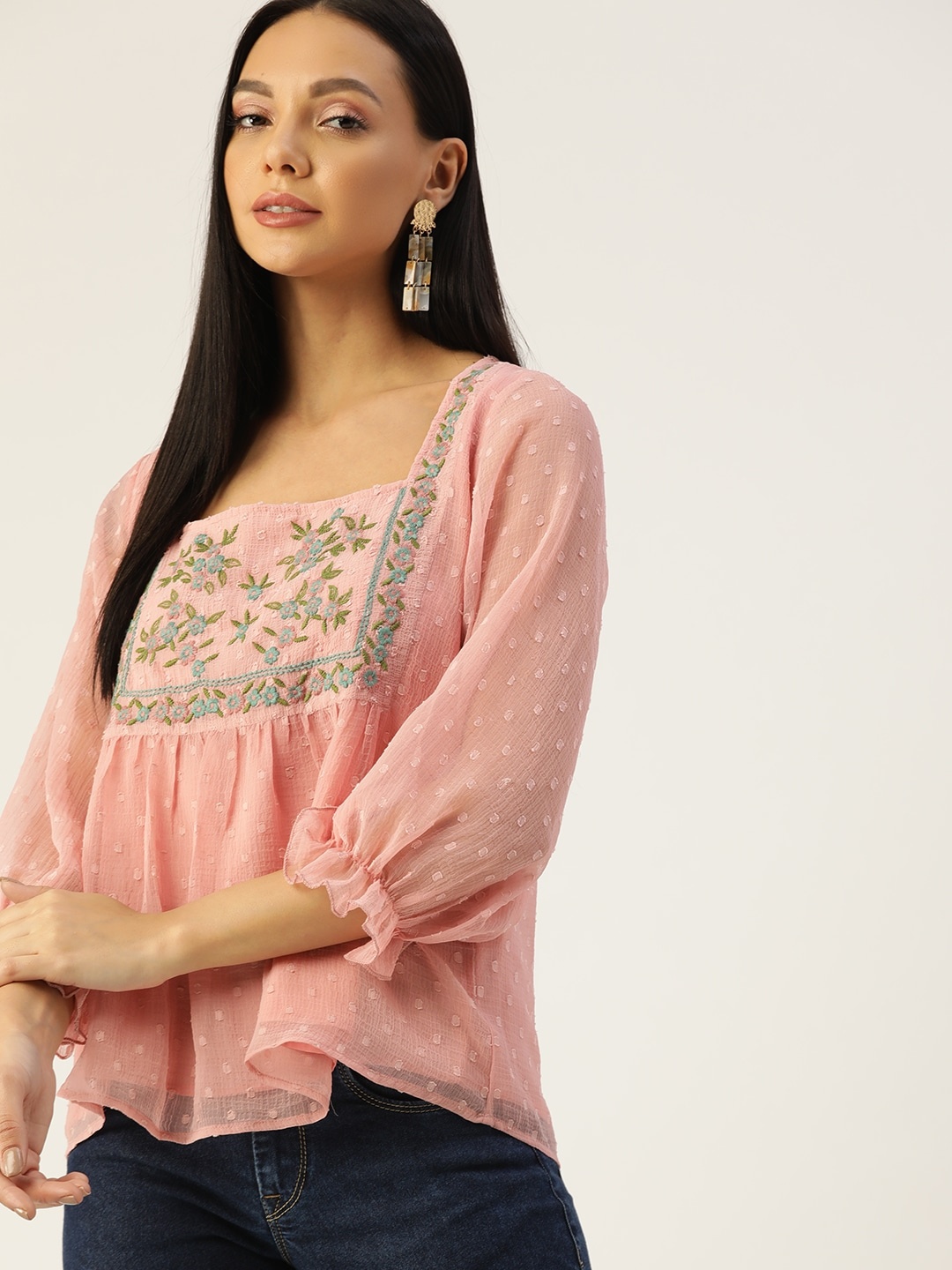 

Antheaa Peach-Coloured & Green Embroidered Dobby Weave Top