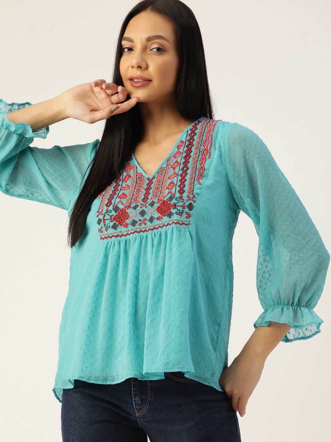 

Antheaa Turquoise Blue & Red Embroidered Dobby Weave Puff Sleeves Top