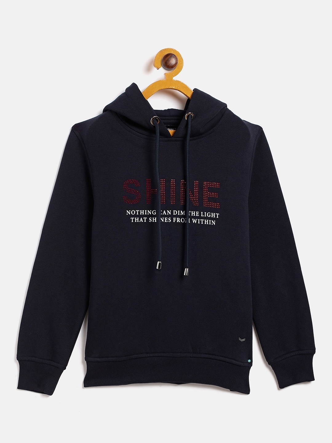 

Crimsoune Club Girls Navy Blue Typography Print Hooded Sweatshirt