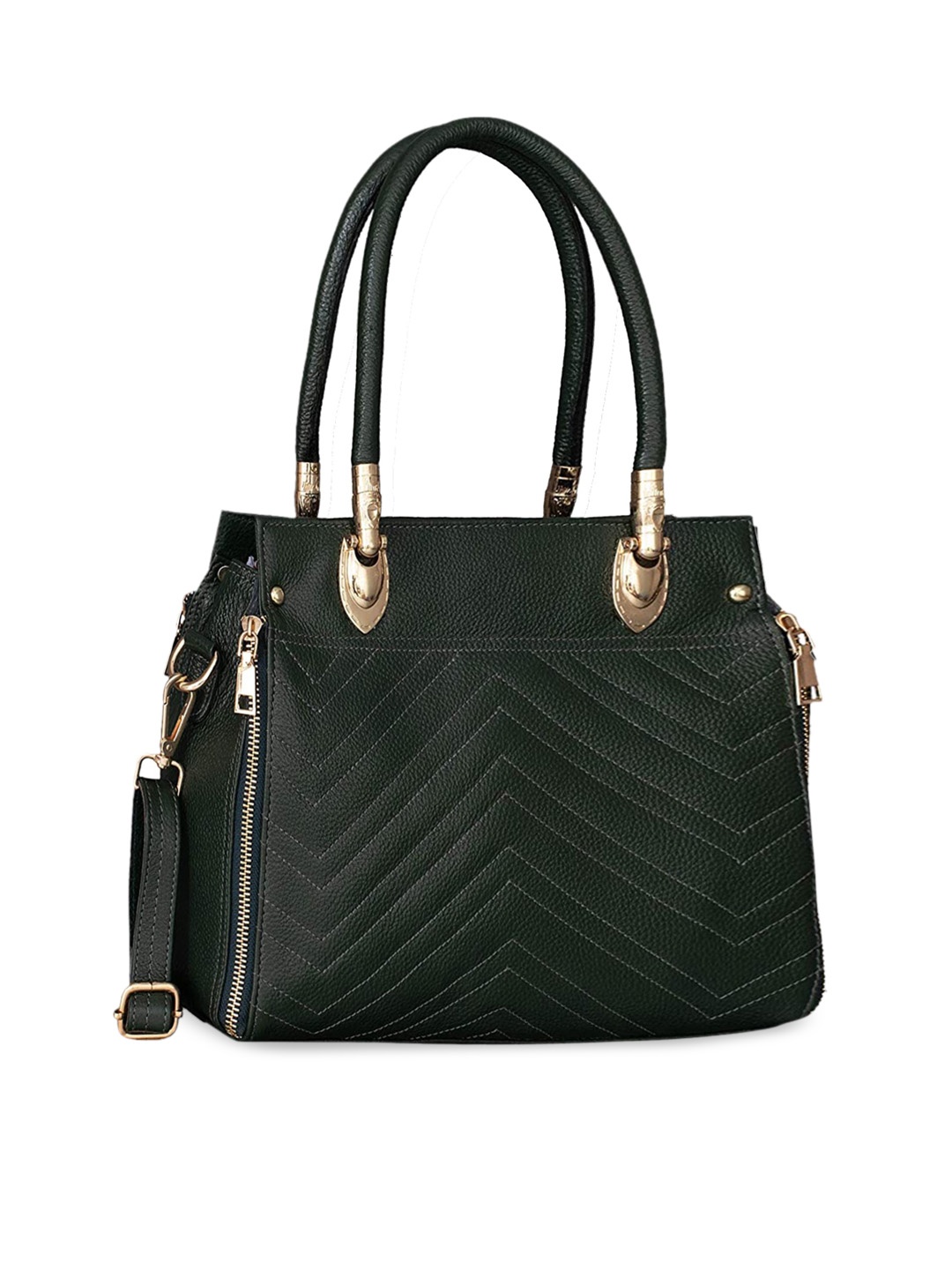 

HiLEDER Green Textured Leather Structured Handheld Bag with Quilted