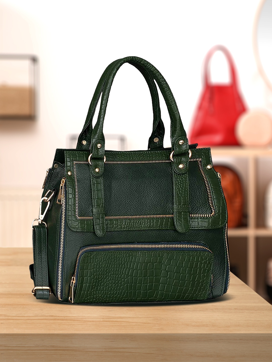 

HiLEDER Pure Leather Structured Handheld Bag, Green