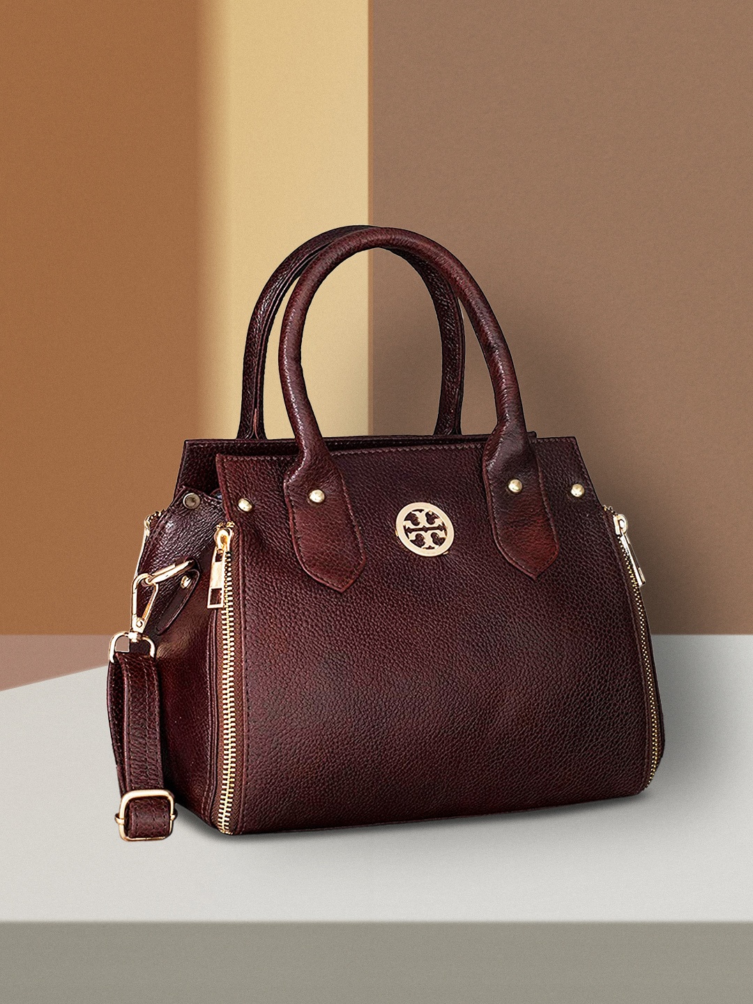 

HiLEDER Brown Leather Structured Handheld Bag with Tasselled