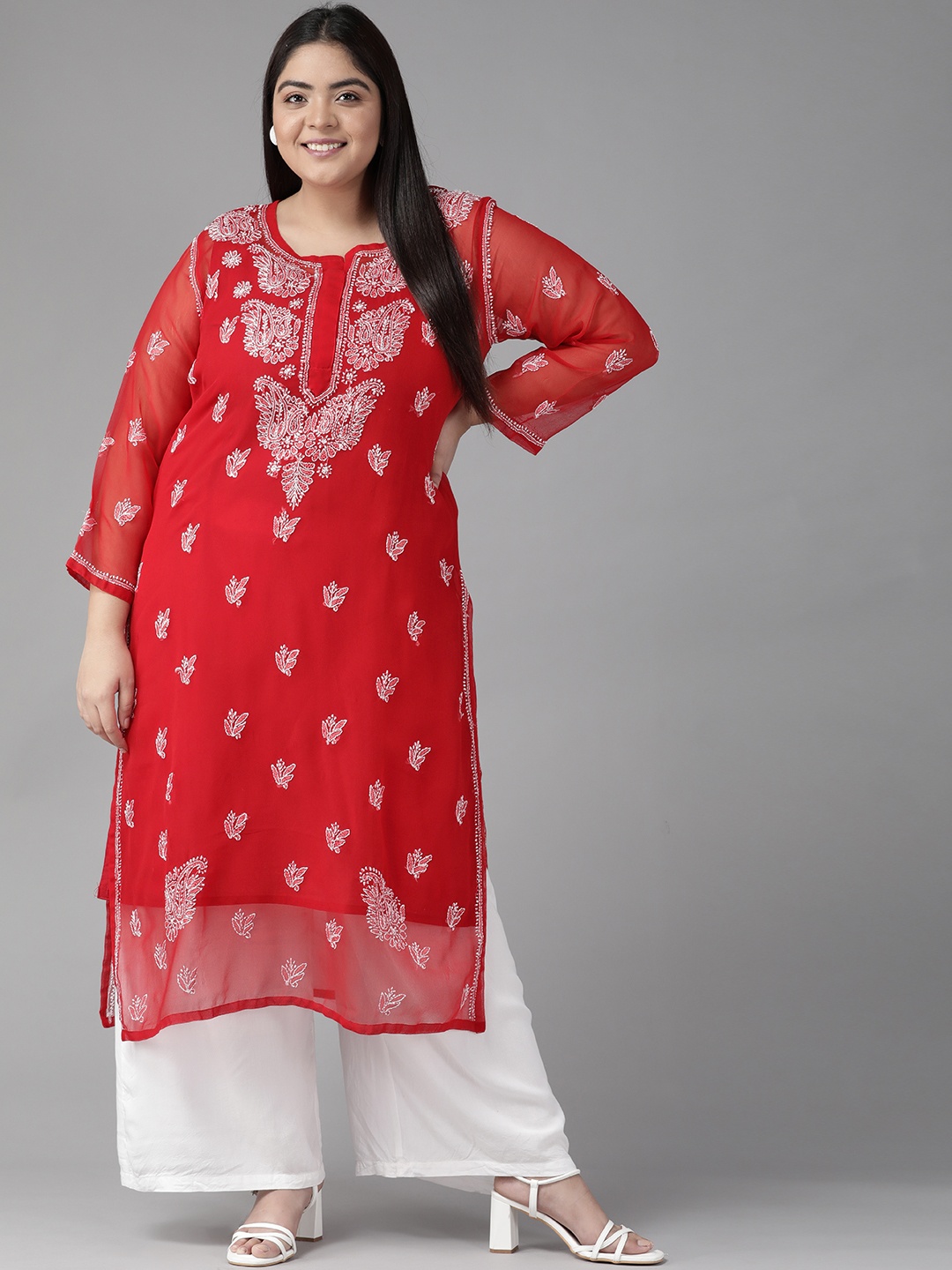 

ADA Women Red Ethnic Motifs Georgette Handloom Georgette Handloom Kurta With Matching Slip