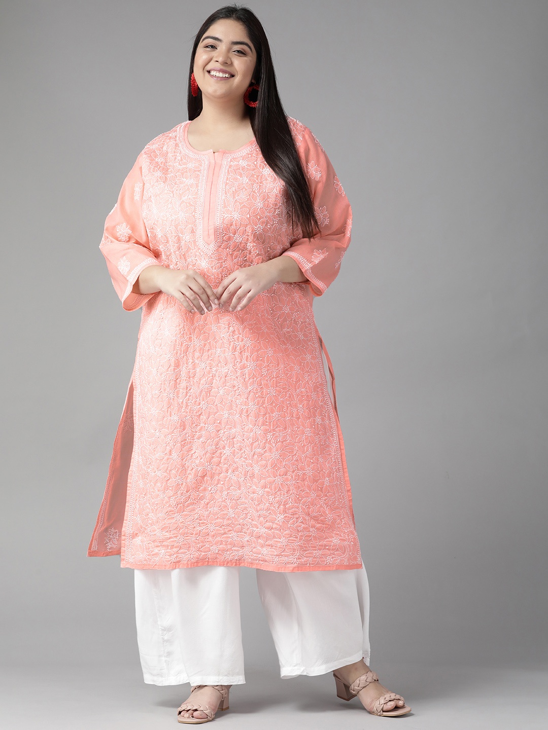 

ADA Women Peach-Coloured Ethnic Motifs Embroidered Chikankari Handloom Handloom Kurta