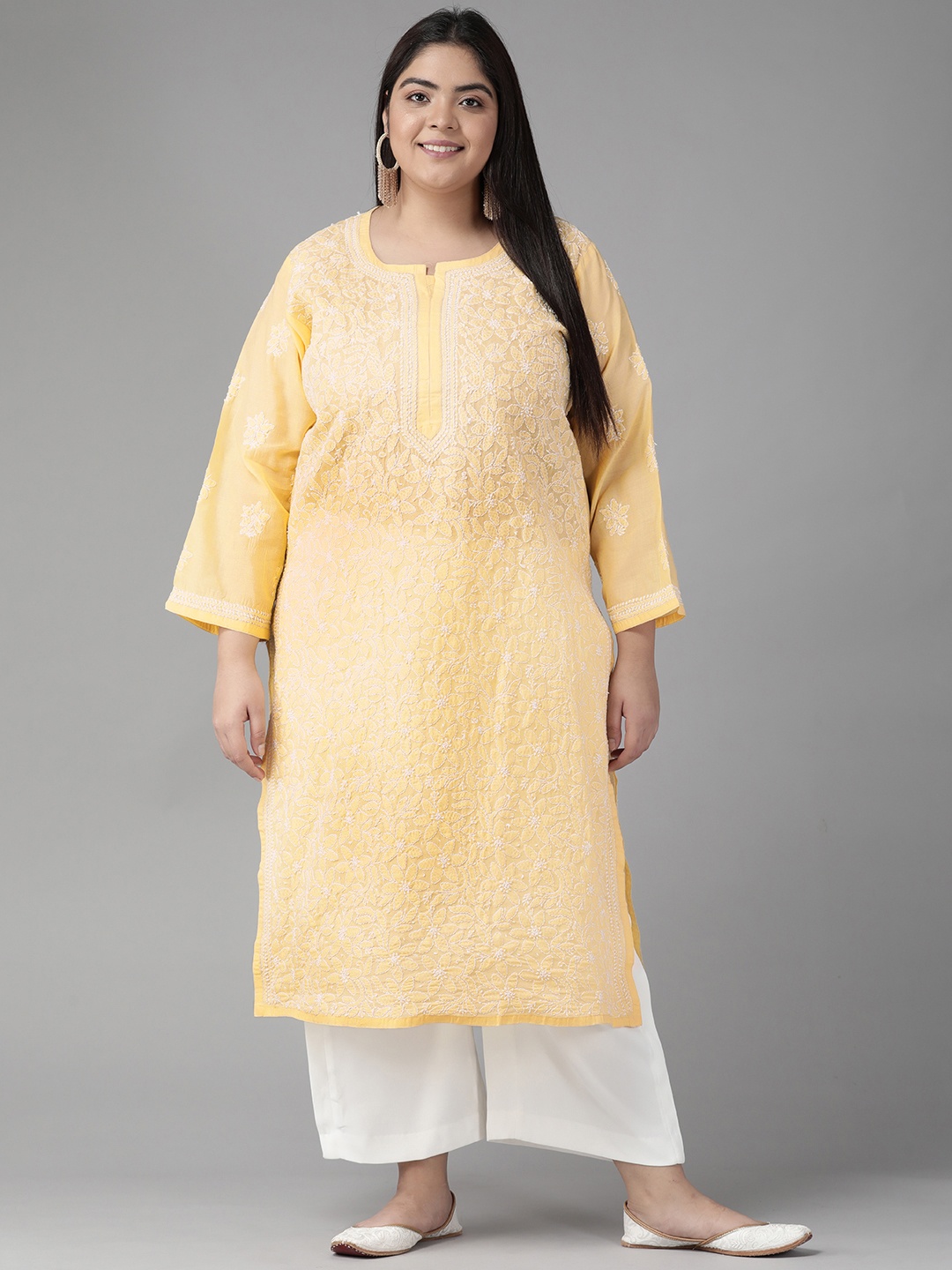 

ADA Women Yellow & Yellow Floral Embroidered Thread Work Handloom Handloom Kurta
