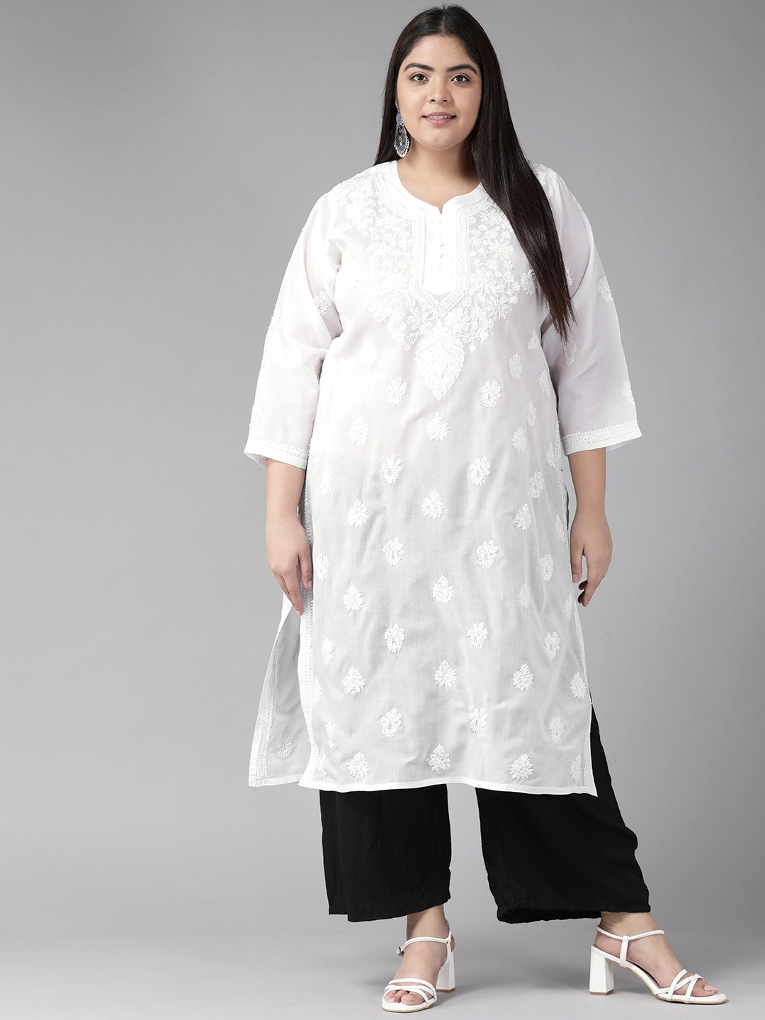

ADA Women White & White Ethnic Motifs Thread Work Handloom Handloom Kurta