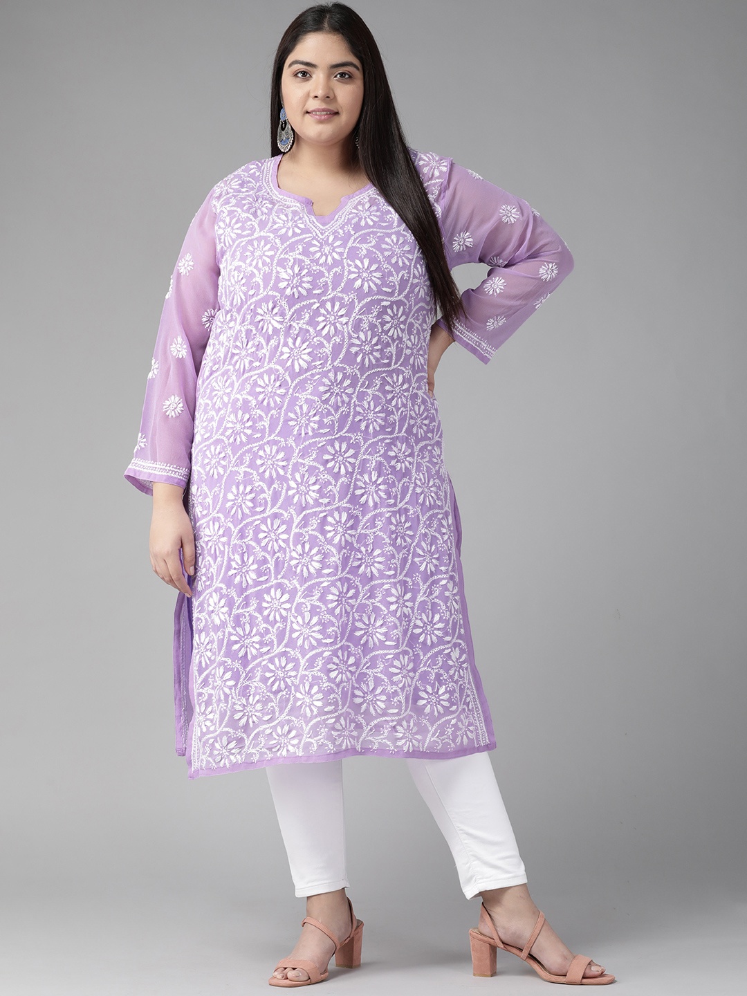 

ADA Women Violet Floral Thread Work Georgette Handloom Georgette Handloom Kurta with Inner