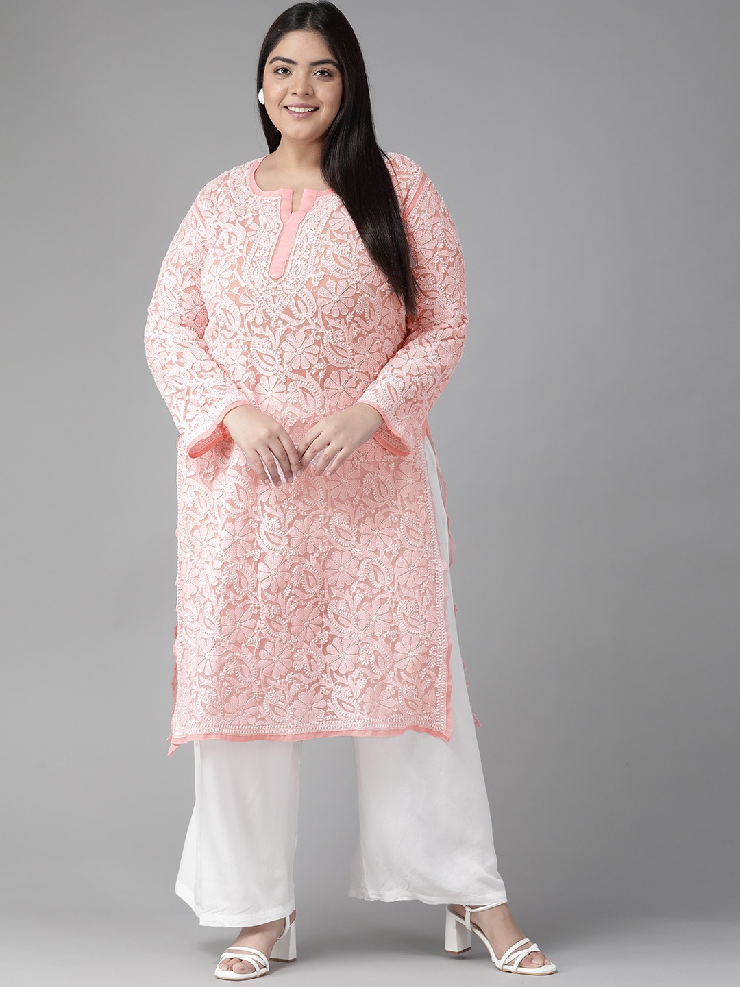 

ADA Women Peach-Coloured Floral Georgette Handloom Georgette Kurta