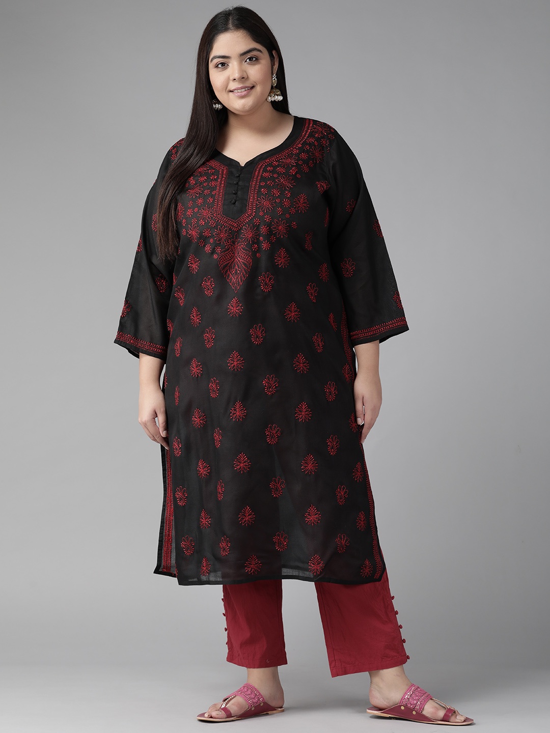 

ADA Women Black & Red Ethnic Motifs Embroidered Thread Work Kurta