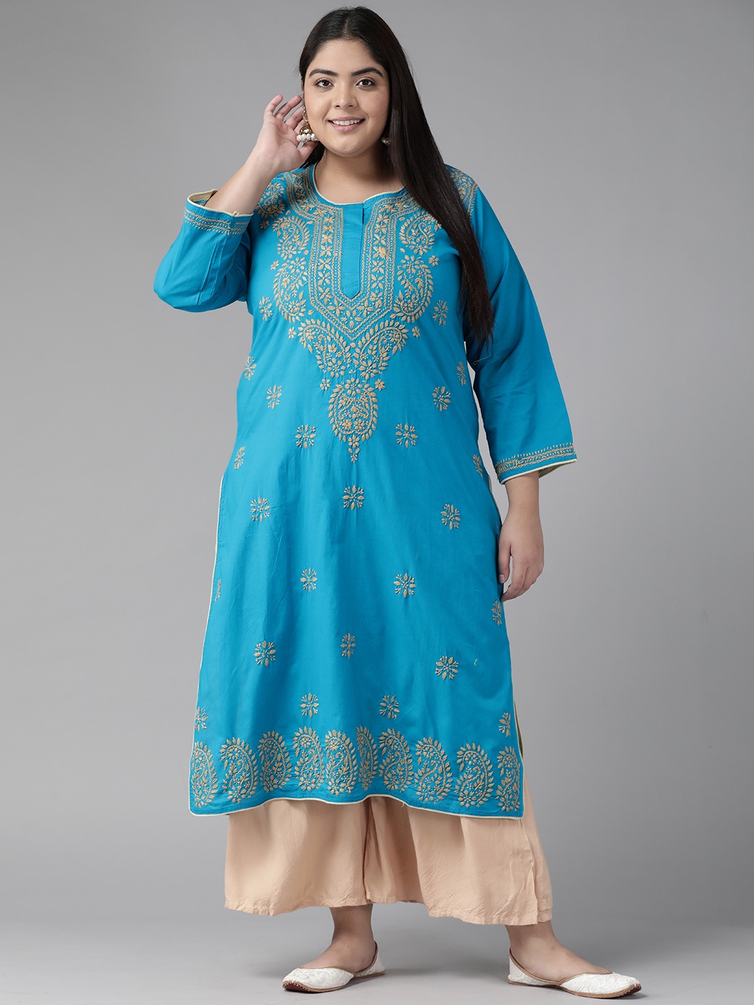 

ADA Women Blue & Beige Ethnic Motifs Embroidered Thread Work Kurta