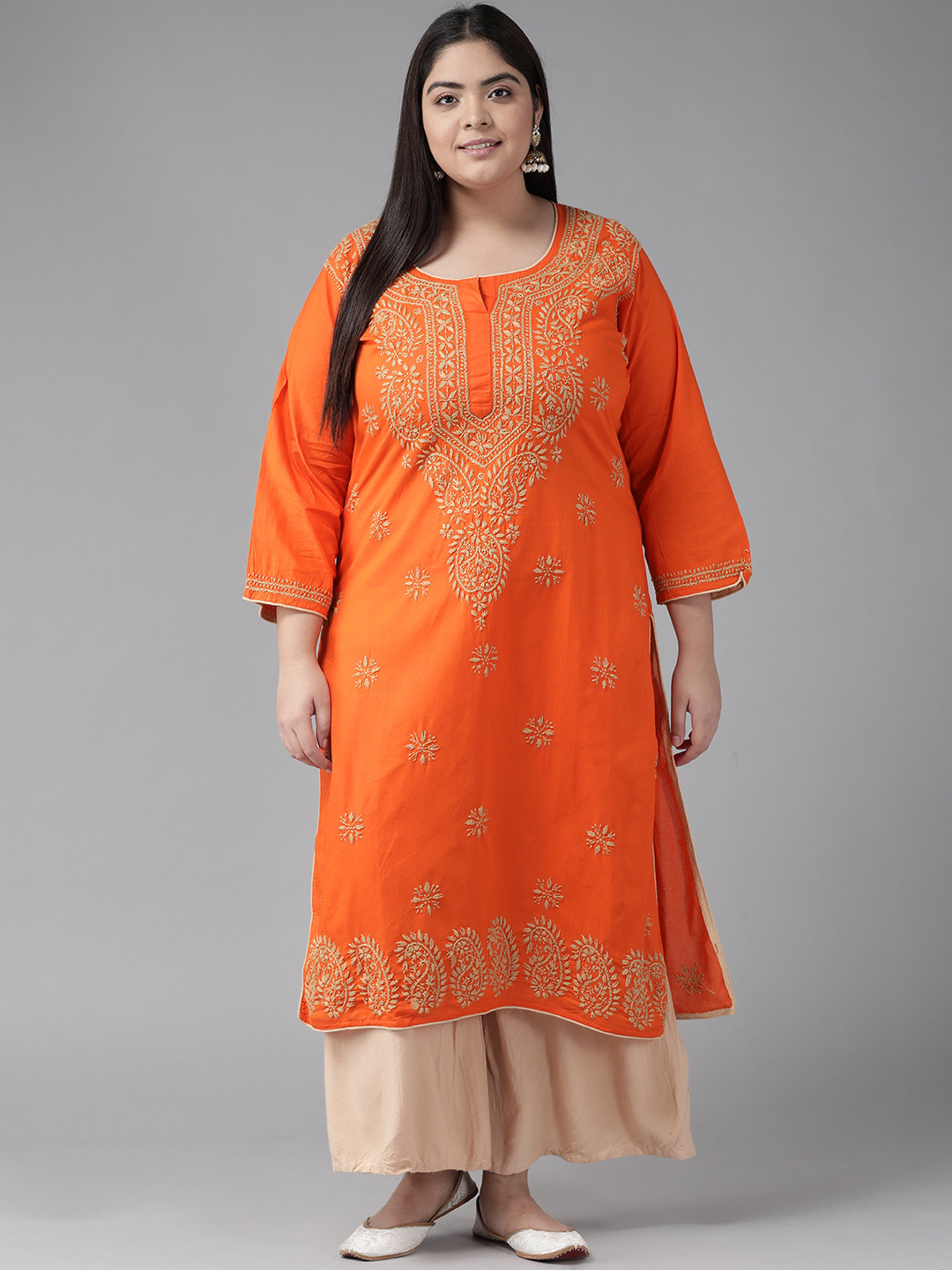 

ADA Women Orange Ethnic Motifs Embroidered Chikankari Handloom Kurta