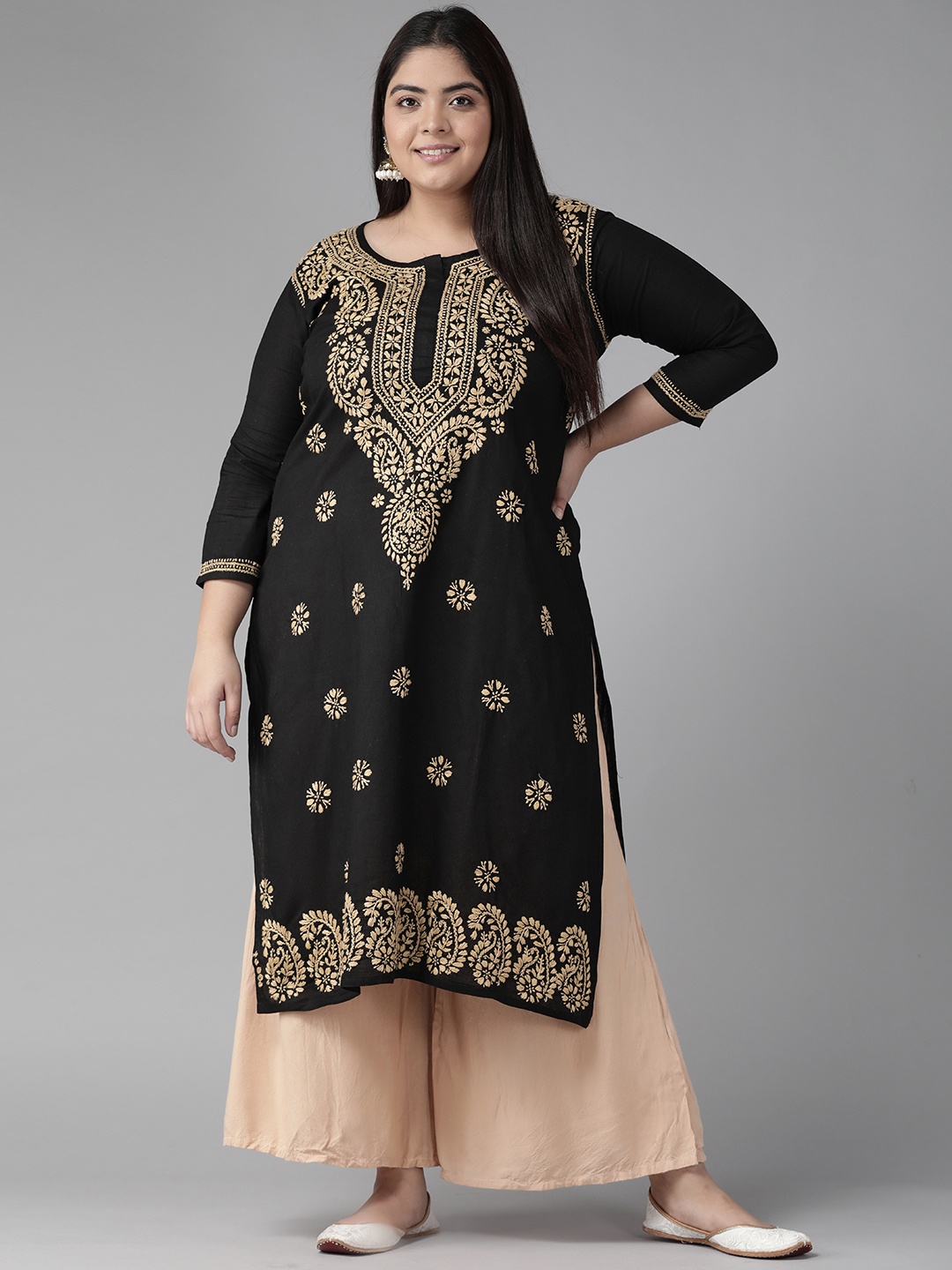 

ADA Women Black & Beige Ethnic Motifs Embroidered Thread Work Handloom Kurta