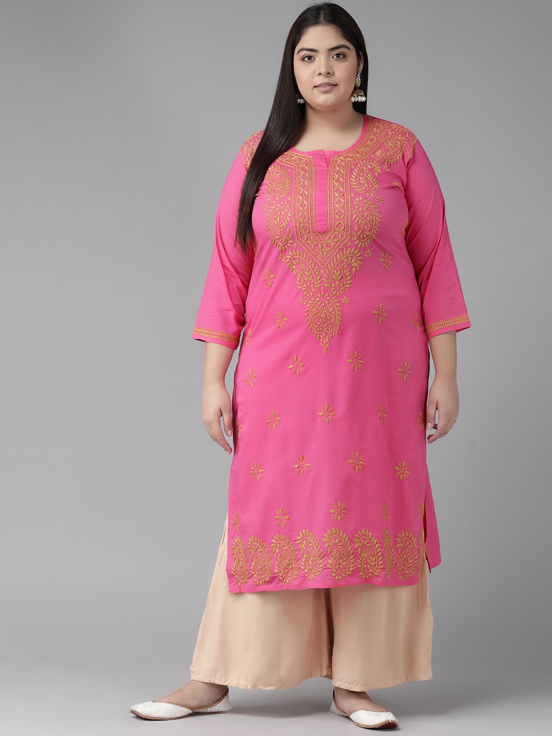 

ADA Women Pink Ethnic Motifs Embroidered Thread Work Handloom Kurta