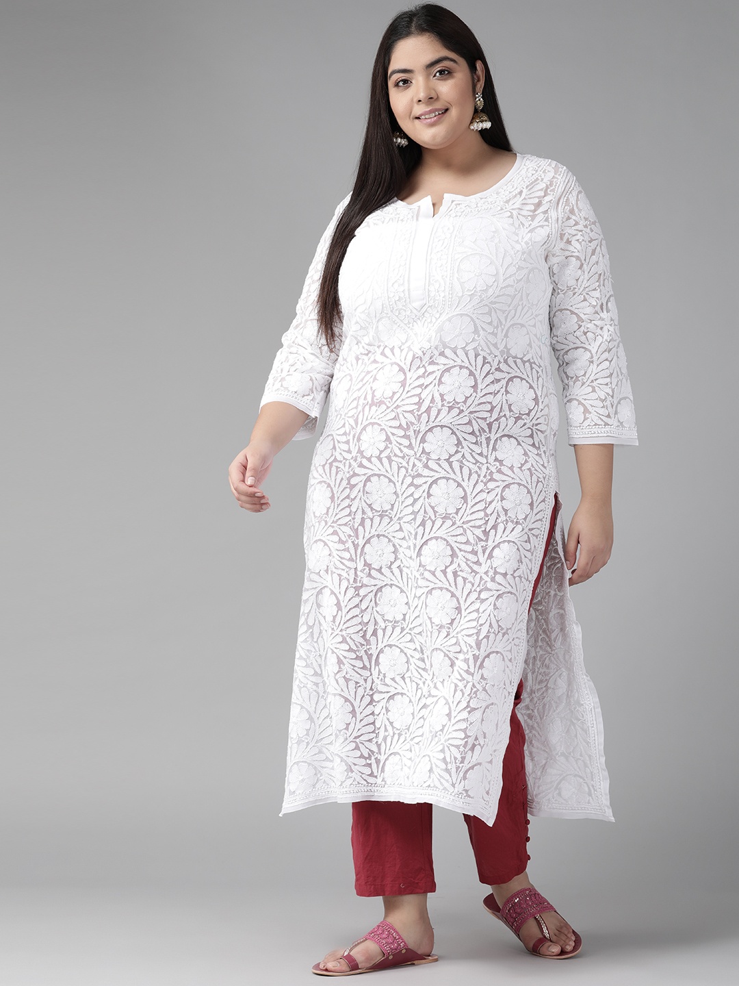 

ADA Women White & White Floral Embroidered Chikankari Georgette Kurta